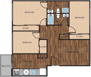 Floor plan for 3 beds, 2 baths, 1150 sqft